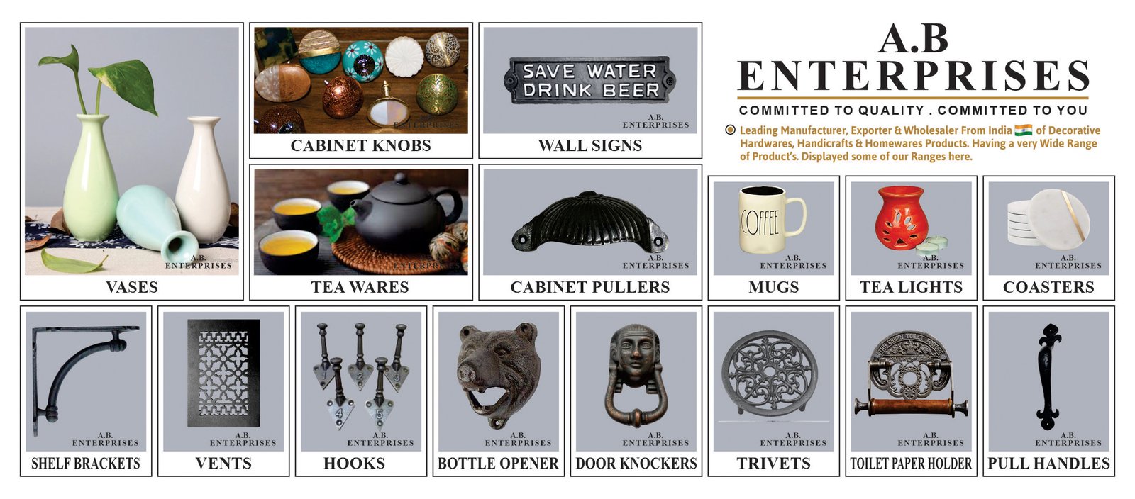 Decorative cast iron shelf brackets, wall hooks, and bottle openers manufactured by A.B. Enterprises